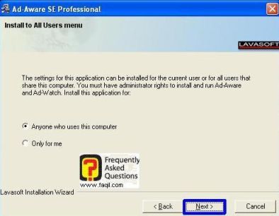 בחירת Anyone who uses this computer, להתקנת Ad aware se/pro