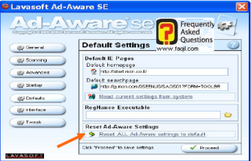 הגדרות בחלון Default Settings, ב ad aware   