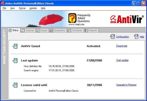 המסך הראשי של Antivir 