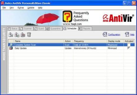 מסך קביעת זמנים לסריקה של Antivir 