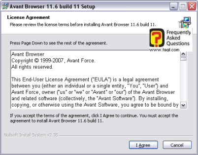 מסך הסכם רישיון, להתקנת דפדפן Avant  