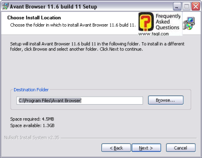 בחירת מיקום יעד להתקנה, לדפדפן Avant  