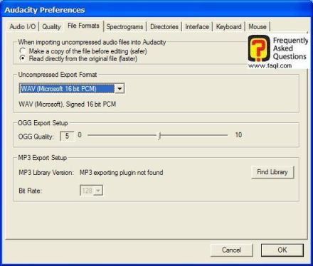 לשונית File Formats, בAudacity