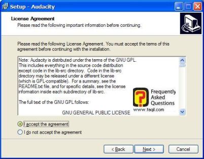 הסכם שימוש,בהתקנת  Audacity