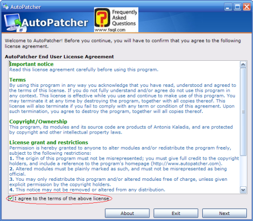 תנאי השימוש בתוכנה autopatcher  