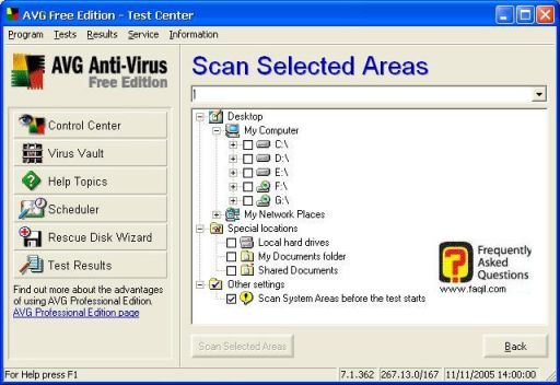  סריקת האיזורים או כונן ספציפי, באנטיוירוס avg free