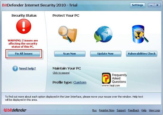 תיקון המצב שנמצא בסכנה, BitDefender Internet Security 2010 