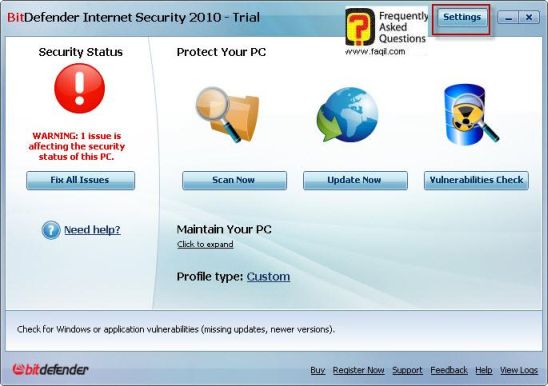 הגדרות, BitDefender Internet Security 2010 