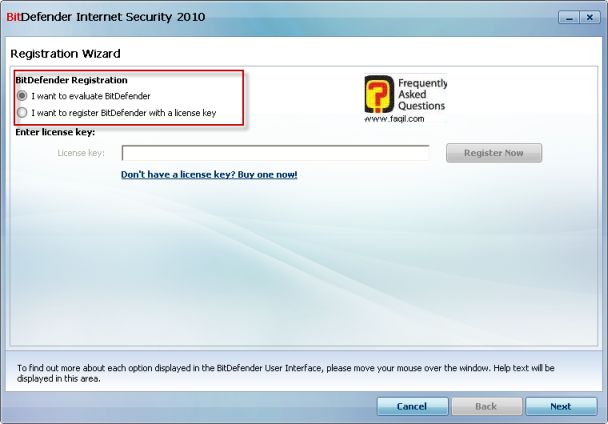 אפשרויות הרשמה,BitDefender Internet Security 2010 