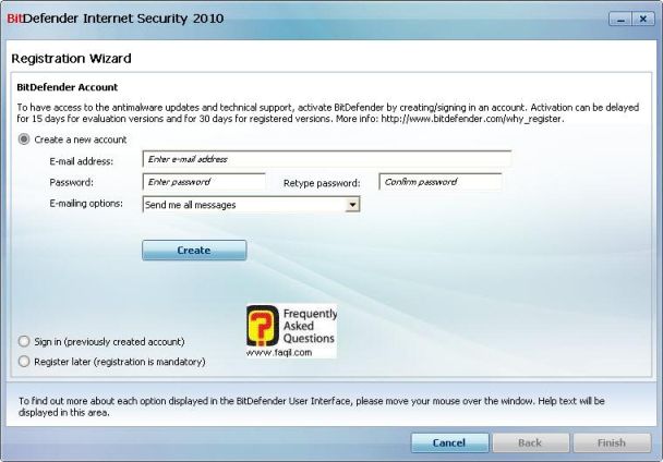 יצירת חשבון כניסה, BitDefender Internet Security 2010 