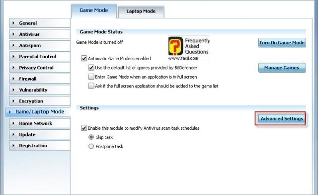 הגדרות מתקדמות למשחק, BitDefender Internet Security 2010 