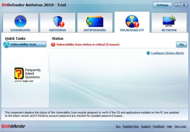 מסך מצב ליקוי אבטחה ,BitDefender Antivirus 2010