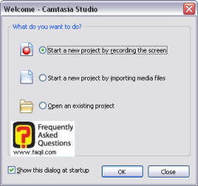מסך ששואל מה ברצוננו לעשות, איזה פרויקט חדש, camtasia 