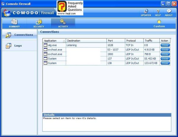 בחירה ב-activity  לבדוק חיבורים של המחשב, Comodo   