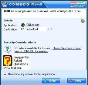 לאשר או לדחות תוכניות , Comodo   