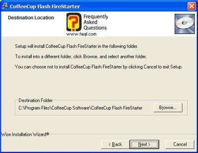 מסך מיקום יעד להתקנה, CoffeeCup Flash FireStarter    