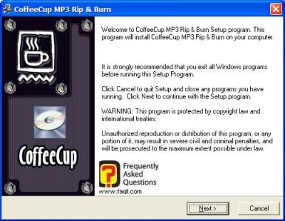 מסך ברוכים הבאים, CoffeeCup MP3 Rip & Burn