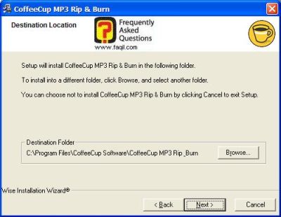 מסך מיקום יעד להתקנה, CoffeeCup MP3 Rip & Burn