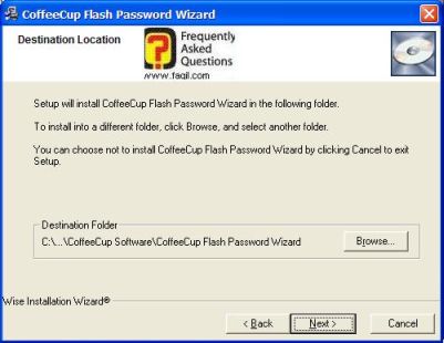 מסך בחירת מיקום יעד להתקנה,CoffeeCup Flash Password Wizard 