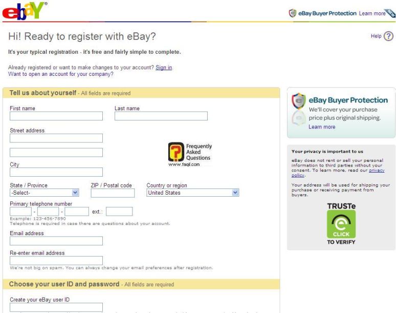 טפס ההרשמה לפתיחת חשבון באיביי