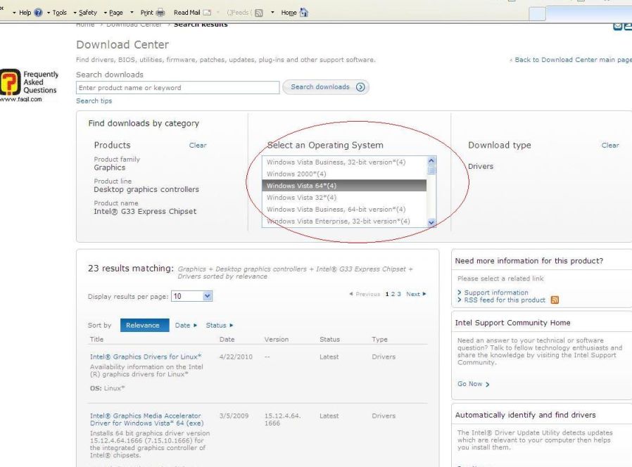 בחירת מערכת ההפעלה באתר אינטל
