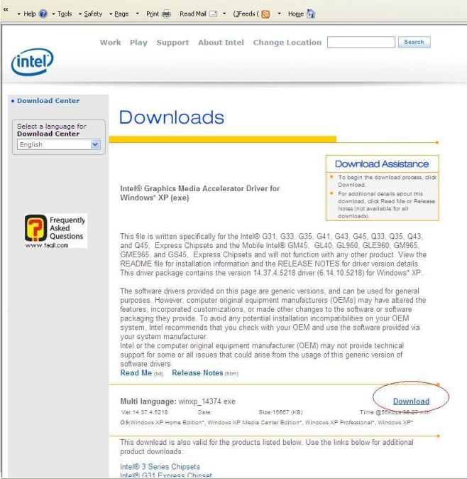 בחירת ההורדה באתר אינטל