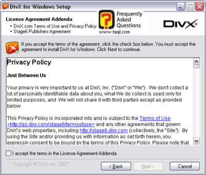 מסך פרטיות בין החברה למשתמש, divx player