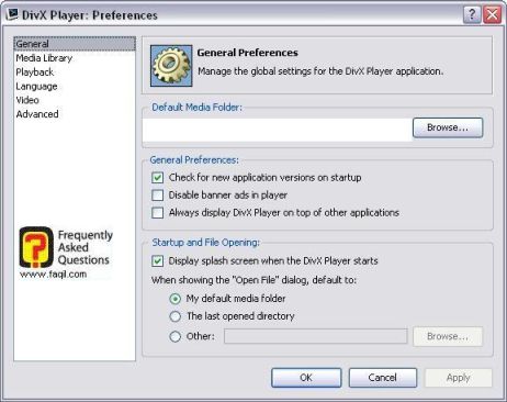 הגדרות, divx player