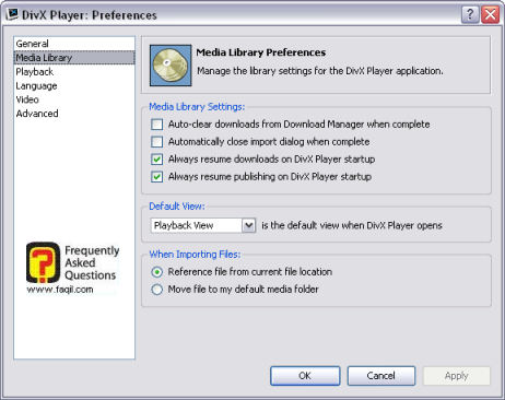 לשונית ספריית המדיה, divx player