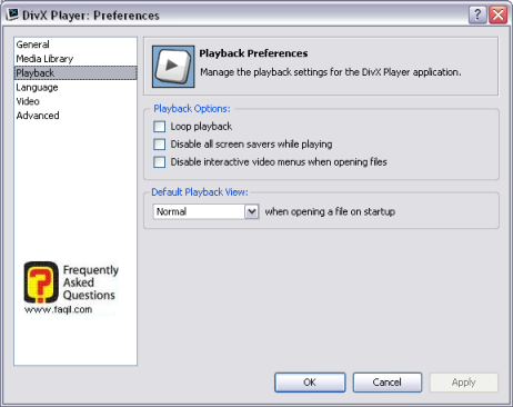 לשונית הגדרות פלייבק, divx player