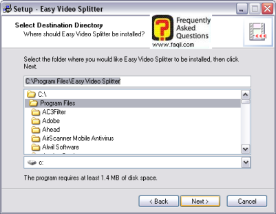 מסך מיקום יעד להתקנה, easy video splitter  