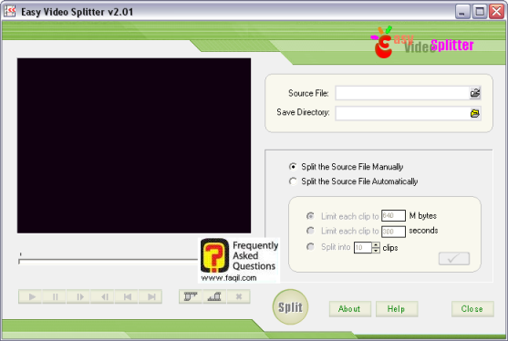 מסך החלון הראשי של התוכנה, easy video splitter  
