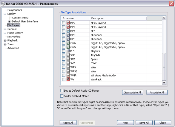 מסך סוג קובץ, תוכנת foobar2000