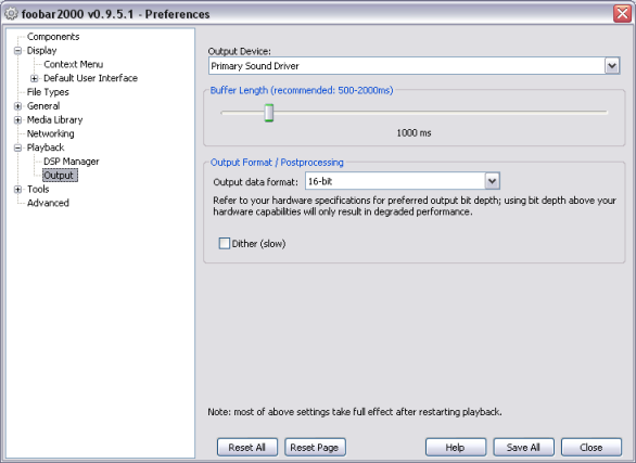 מסך הגדרות פלט, תוכנת foobar2000