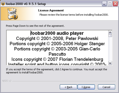 מסך הסכם הרישיון להתקנה, תוכנת foobar2000