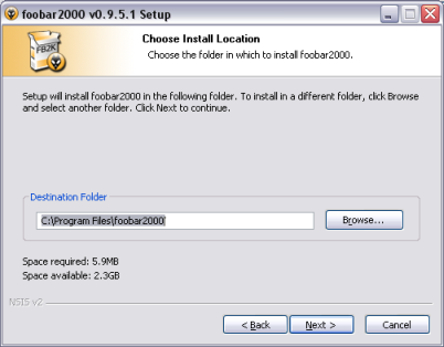 מסך מיקום יעד להתקנה, תוכנת foobar2000