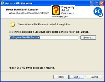 מסך מיקום יעד להתקנה, תוכנת File Recover 