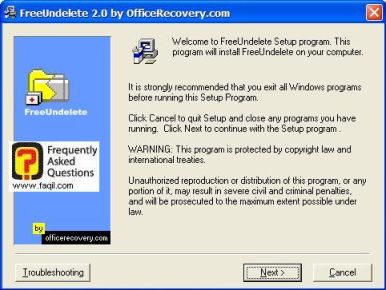 מסך ברוכים הבאים  להתקנה,תוכנת FreeUndelete 