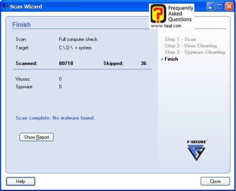 סיום סריקת האנטיוירוס,מרכז  האבטחה F-Secure 