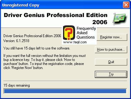 מסך  בחירה בלנסות ל-15 יום, תוכנת Driver Genius
 Professional Edition 2006