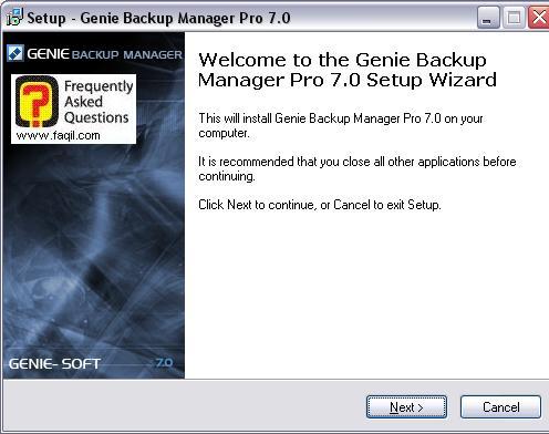 מסך ברוכים הבאים להתקנה, Genie backup manager pro edition 7.0