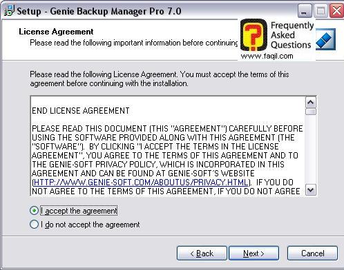 מסך הסכם הרישיון להתקנה, Genie backup manager pro edition 7.0