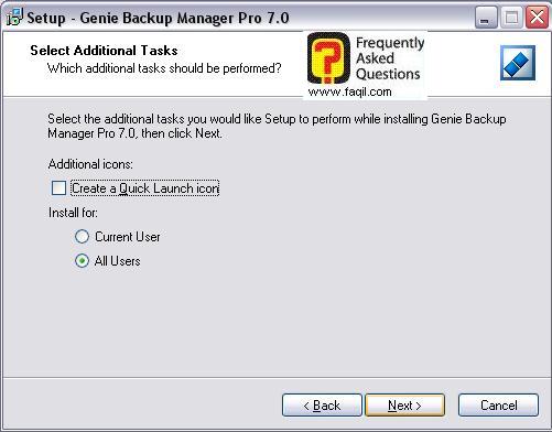 מסך יצירת אייקונים ,והאם התוכנה תפעל לכל משתמשי המחשב בהתקנה, Genie backup manager pro edition 7.0