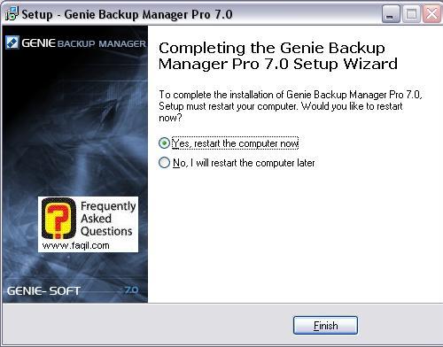 ההתקנה הסתיימה, יש להפעיל מחדש את המחשב, Genie backup manager pro edition 7.0