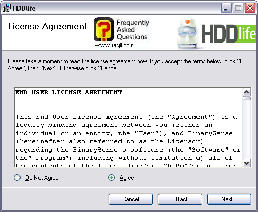 מסך הסכם הרישיון  להתקנה, HDDlife 