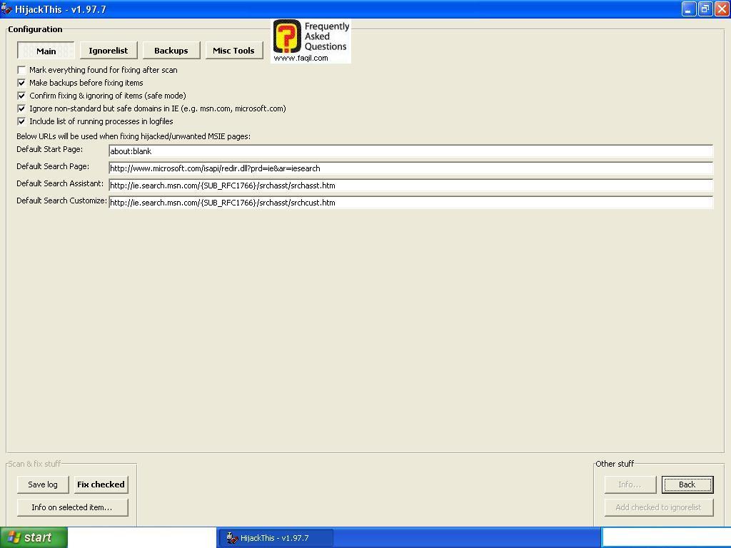 מסך main, תוכנת hijackthis