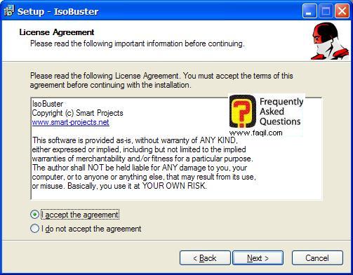 מסך הסכם הרישיון  להתקנה, IsoBuster