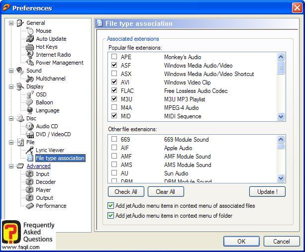 הגדירו את סוגי הקבצים לפתיחה, JetAudio