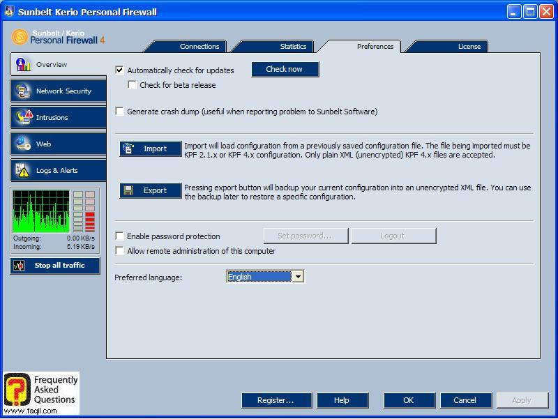 הגדרות התוכנה,חומת האש Kerio Personal Firewall