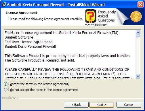 מסך תנאי שימוש להתקנה,חומת האש Kerio Personal Firewall